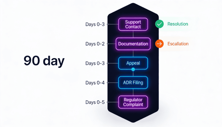 90-day escalation timeline from operator support contact through regulator complaint filing