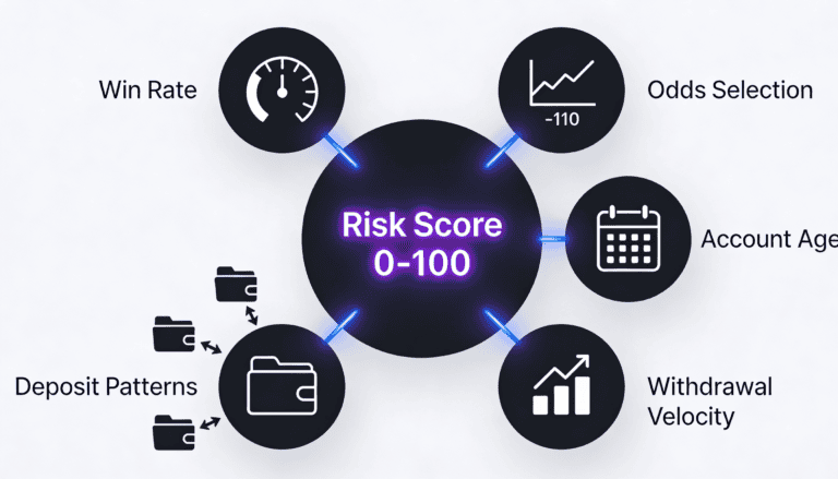 Five risk factors feeding into a central risk scoring algorithm used by sportsbooks to detect winning players