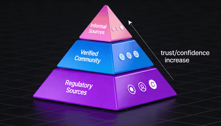 Three-tier pyramid ranking operator research sources from regulatory data at base through informal forums at apex