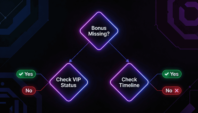 Decision tree diagram guiding users through troubleshooting steps for missing VIP bonuses or rakeback credits.