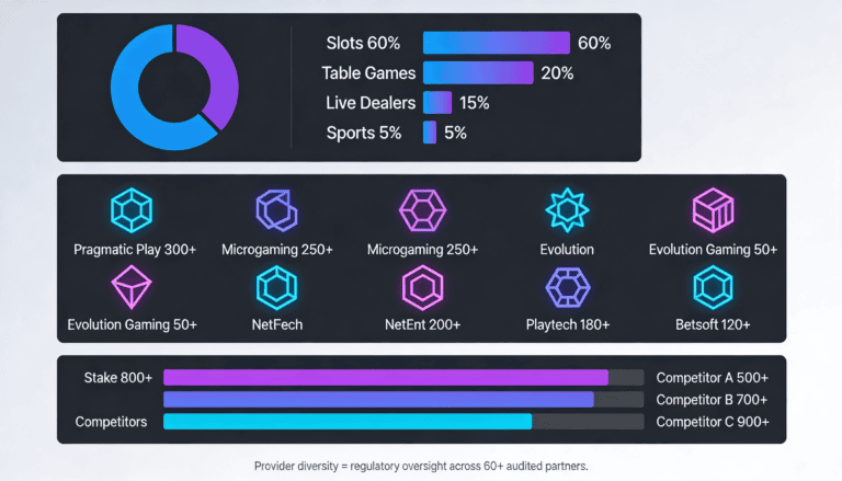 Game provider distribution infographic showing Stake's 800+ game library breakdown by category and provider names with comparative platform statistics.