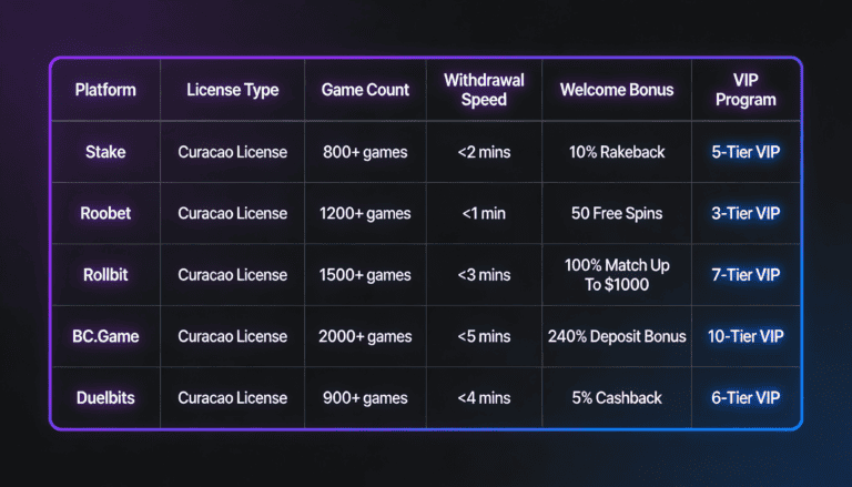 Comparison table of five crypto casino platforms showing license type, game count, withdrawal speed, welcome bonus terms, and VIP programs side by side.