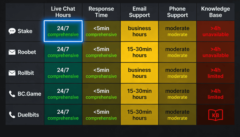 Customer support channel comparison matrix across five platforms showing live chat availability, response times, email, phone support, and knowledge base quality with color-coded service levels.