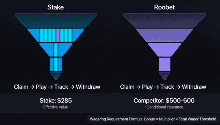 Bonus comparison diagram showing Stake's 20% 35x wager bonus progression versus competitor bonuses with higher percentages and stricter wagering multipliers.
