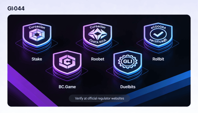 Trust badge comparison showing regulatory licenses and audit certifications for five crypto casino platforms with abstract icon representations.