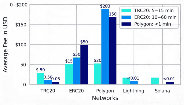 Cryptocurrency network fee comparison bar chart by traffic level