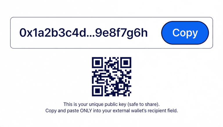 Stake wallet deposit address field with copy button and QR code interface