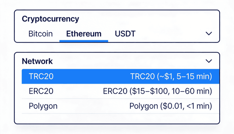Stake Cashier cryptocurrency and network selection dropdown interface mockup