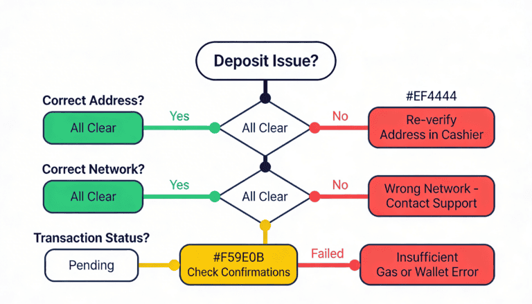 Deposit troubleshooting diagnostic flowchart for address network and status checks