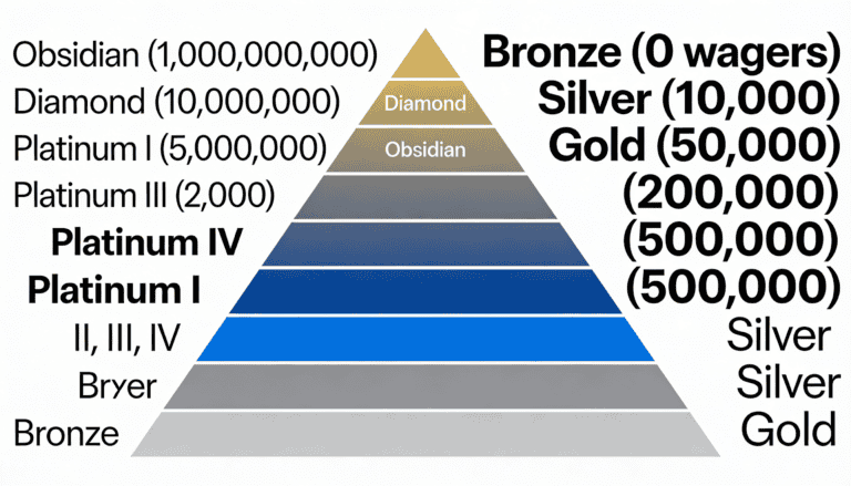 Stake VIP tier pyramid showing cumulative wager requirements from Bronze at entry level to Obsidian at 1 billion wagers
