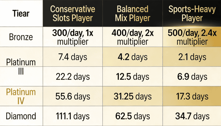 Comparison table of days to reach Stake VIP tiers for three player profiles with different daily volumes and playstyles