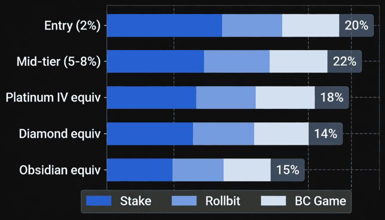 Rakeback percentage comparison across Stake, Rollbit, and BC.Game VIP tiers showing Rollbit advantage at higher levels