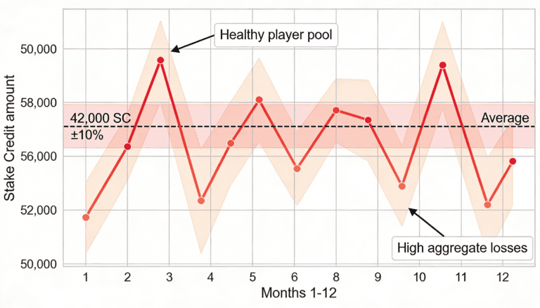 Monthly Platinum IV bonus variance chart showing &plusmn;10% fluctuation based on aggregate player pool performance
