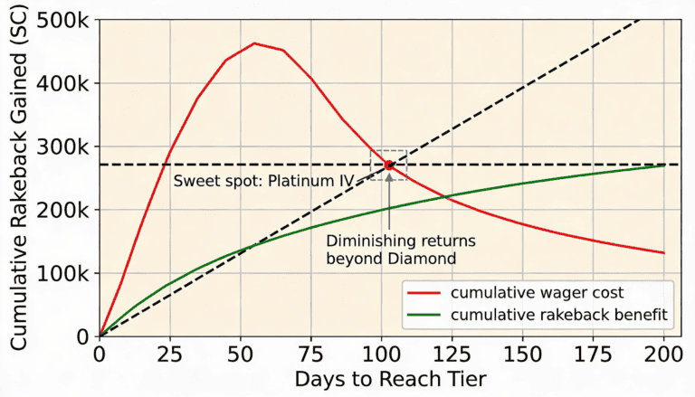 Break-even analysis graph showing Stake VIP tier grind costs versus rakeback gains across all tiers