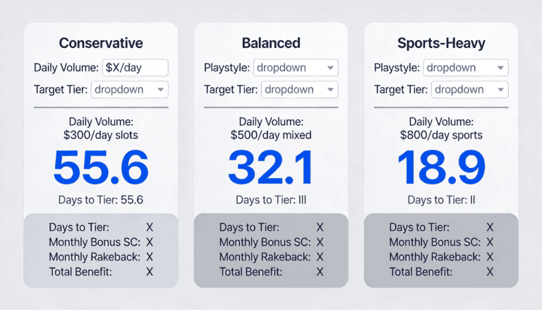 Three VIP calculator scenario cards showing input values and calculated tier progression results