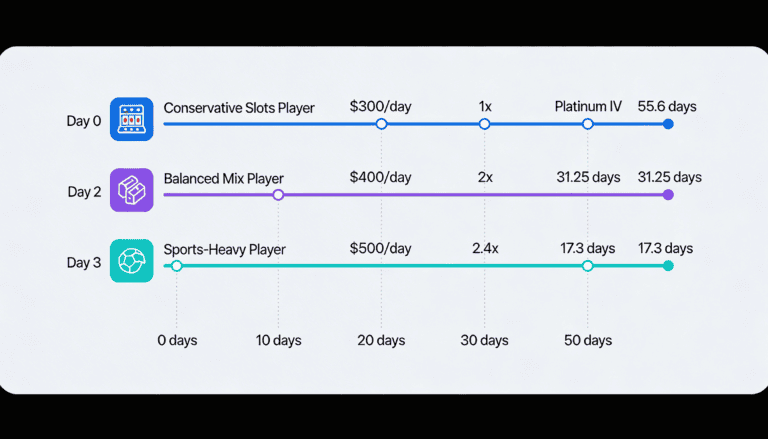 Three player progression timelines to Stake Platinum IV showing different daily volumes and sports multiplier effects