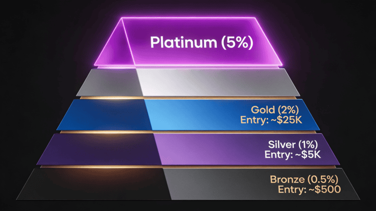 Four-tier VIP pyramid: Bronze (0.5%), Silver (1%), Gold (2%), Platinum (5% rakeback), with entry volume requirements labeled.