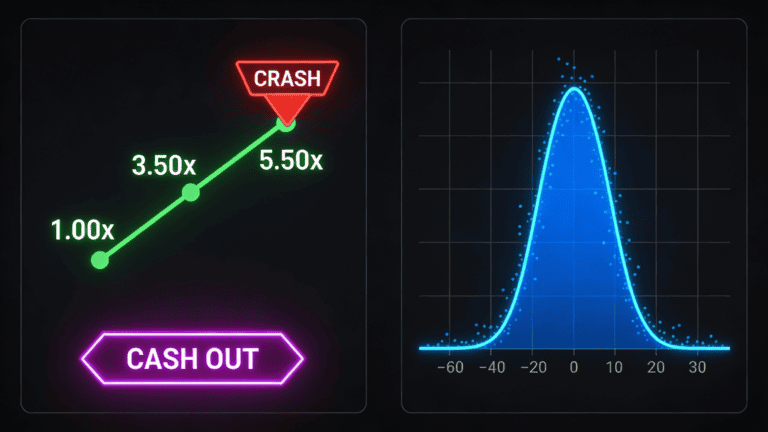 Crash game split-screen: rising multiplier line with cash-out button on left, RTP volatility positioning chart on right.