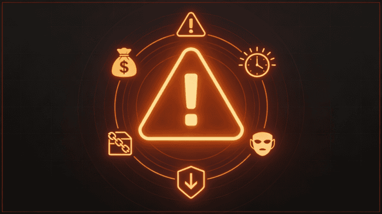 Warning badge highlighting problem gambling indicators: spending beyond budget, chasing losses, neglecting responsibilities, and dishonesty