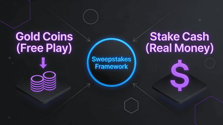 Diagram showing the flow between Gold Coins (free play currency) and Stake Cash (real-money rewards) in the Stake.us sweepstakes model