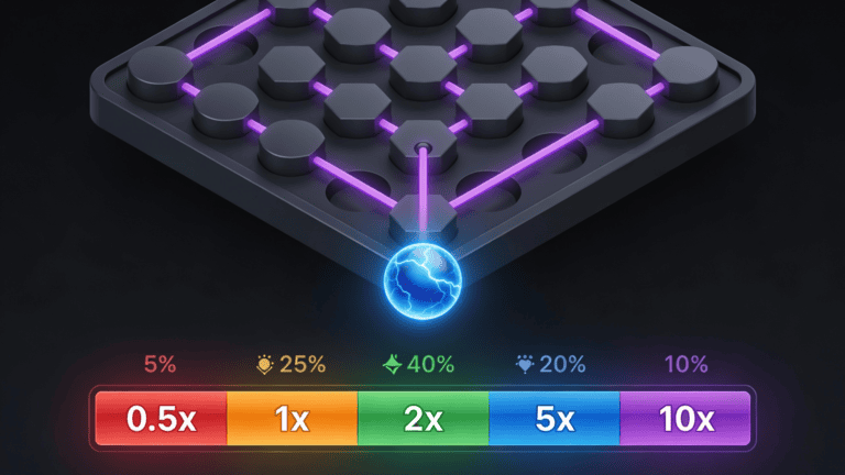 Isometric Plinko board with ball dropping through pegs into five color-coded landing zones showing 0.5x to 10x multipliers and probabilities.