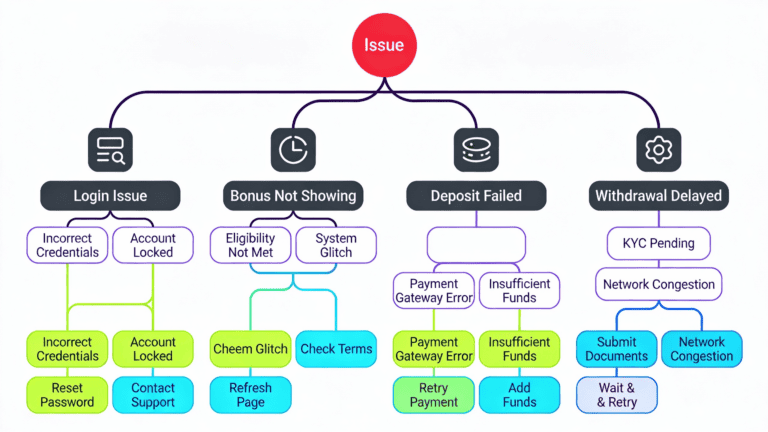 Hierarchical troubleshooting flowchart with issues branching to root causes and solutions using neon and purple accent colors.