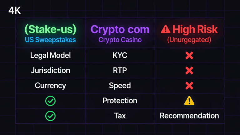 Three-column comparison matrix: Stake.us (green checkmarks), Stake.com (neutral), unregulated (red X symbols) across eight key feature categories.