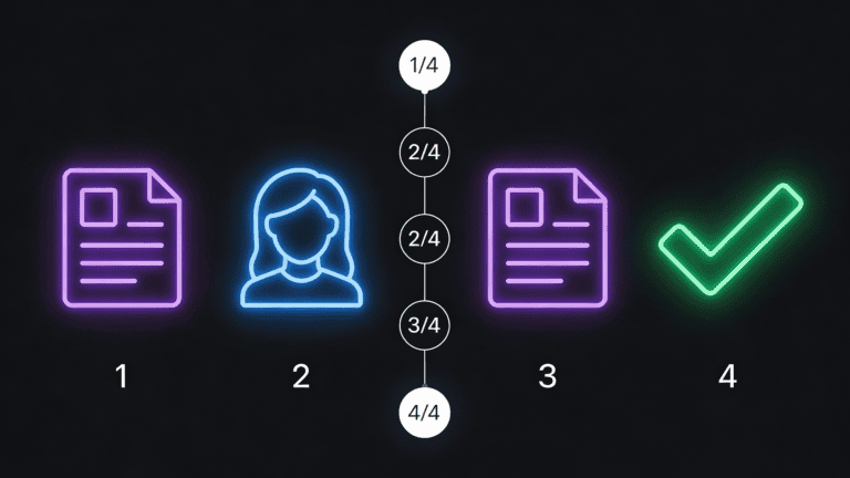 Four-step KYC verification process: ID upload, selfie capture, address confirmation, and green success checkmark.