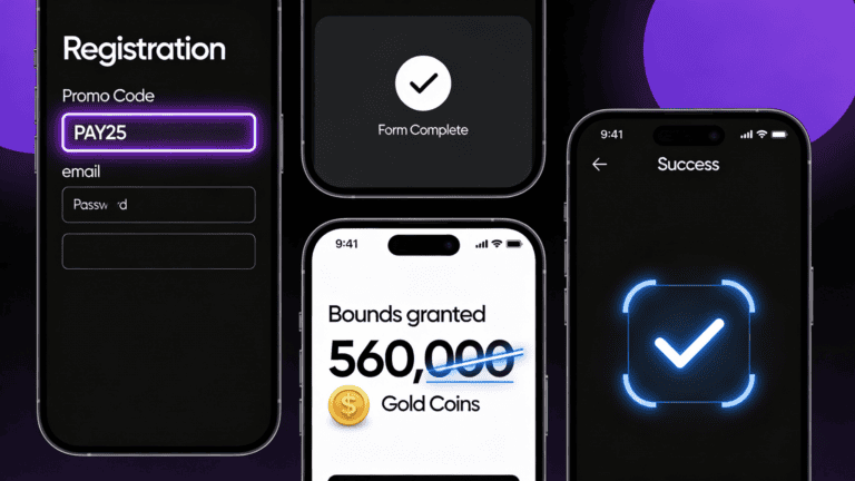 Four-step UI mockup sequence: PAY25 code entry, form completion, 560K Gold Coins bonus confirmation, and success verification.