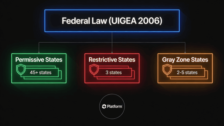 Legal framework hierarchy showing UIGEA exception, permissive state allowances, restrictive state bans, and gray zone jurisdictions