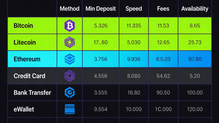 Payment method comparison grid highlighting instant crypto and eWallet deposits in neon, with slower bank transfers shown separately.