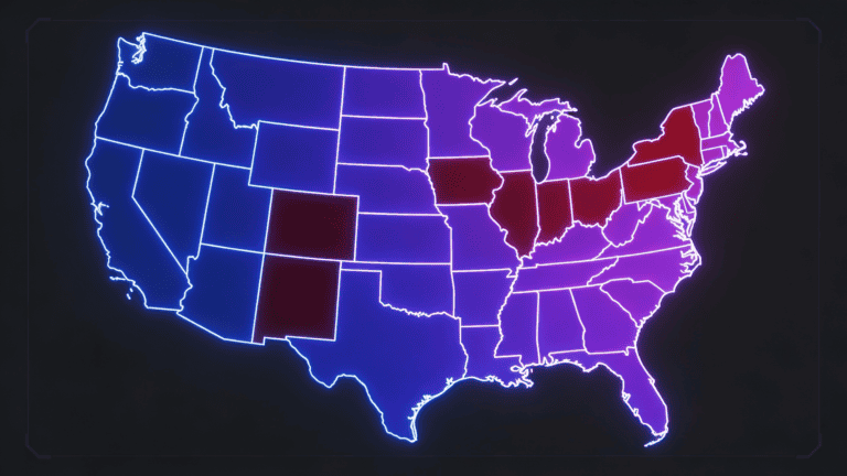 Interactive US map showing Stake.us legal availability: 45+ states highlighted in electric blue for legal access, restricted states in red.