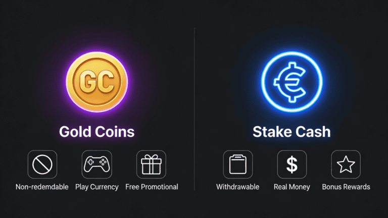 Comparison showing Gold Coins (free, non-redeemable play currency) versus Stake Cash (real-money redeemable currency)