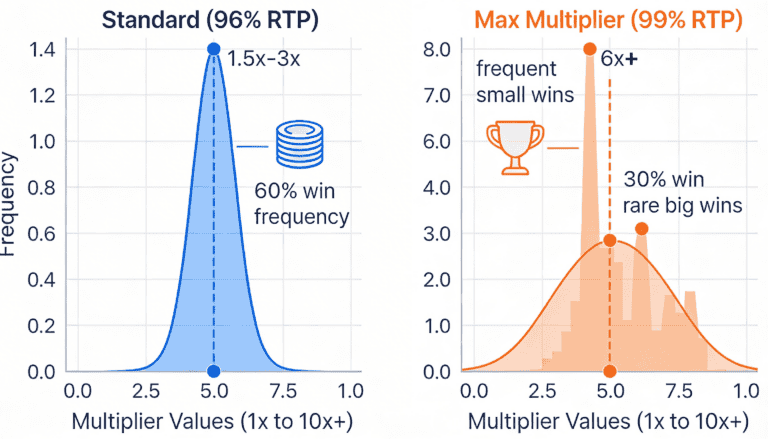Plinko mode comparison: Standard shows frequent 1.5x-3x wins vs Max Multiplier shows rare 6x+ wins