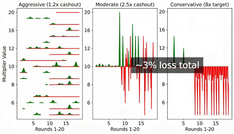 Three Crash strategies show different cashout timing but identical 3% house edge loss over 20 rounds