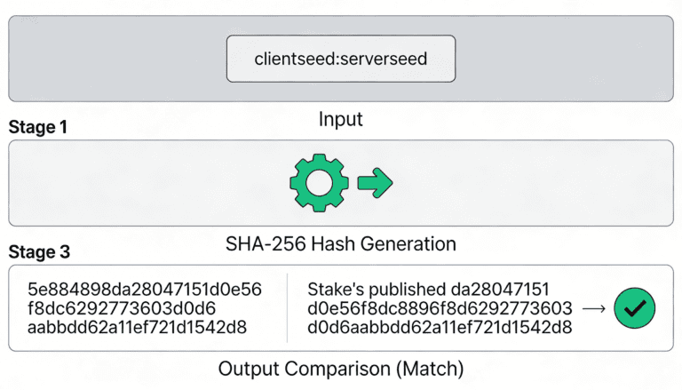 SHA-256 hash verification: input seeds, generate hash, match against Stake published result