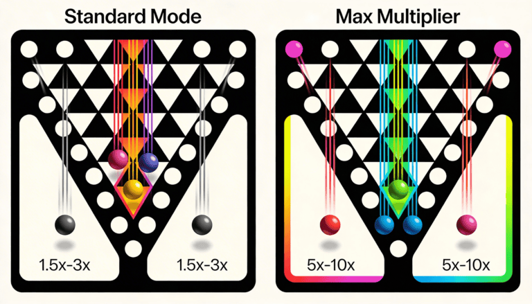 Plinko board comparison: Standard shows center-heavy ball distribution vs Max Multiplier shows dispersed high-value zones