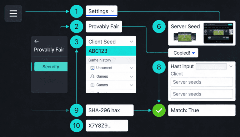 10-step provably fair verification process: locate seeds, copy values, generate hash, compare results