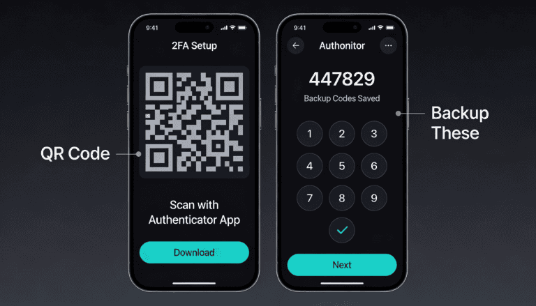 Two-factor authentication setup screens showing QR code scanning and six-digit code generation in authenticator app.