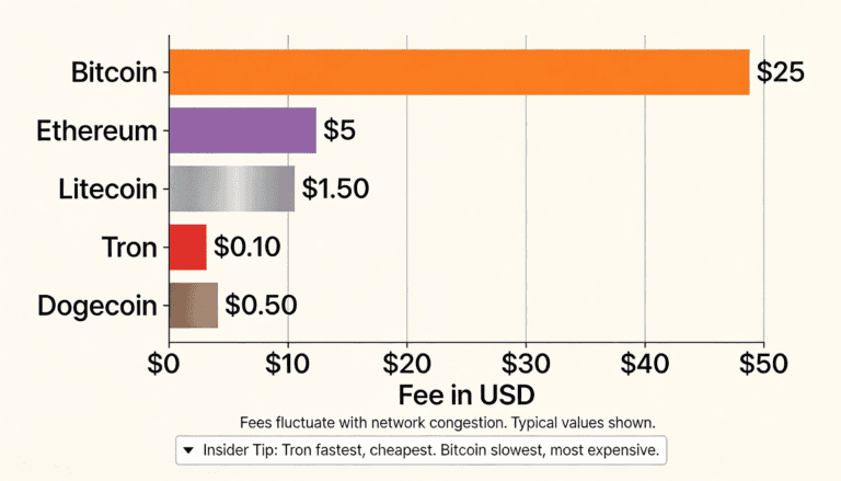 Cryptocurrency deposit fee comparison showing Tron lowest at $0.10 and Bitcoin highest at $25 on Stake.