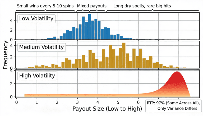 Three volatility distribution curves showing payout frequency patterns for low, medium, and high variance casino slots.