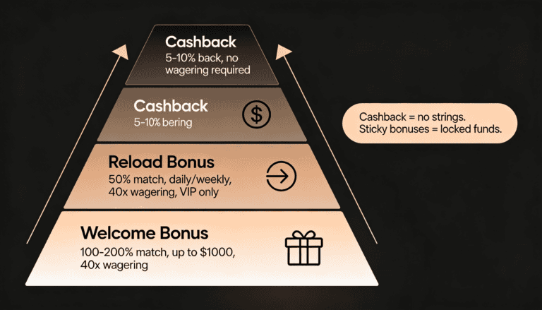 Stake bonus structure pyramid comparing welcome, reload, and cashback bonus types with wagering requirements.