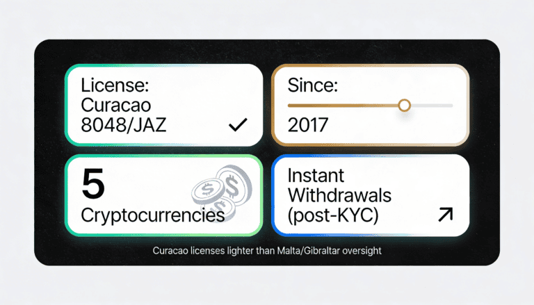 Stake casino license number, founding year, cryptocurrency support, and withdrawal features displayed as metric cards.
