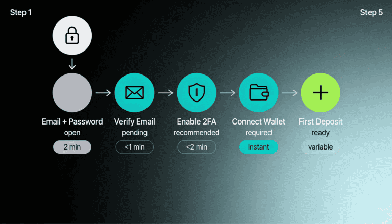 Five-step Stake registration process from email verification through wallet connection to first deposit.