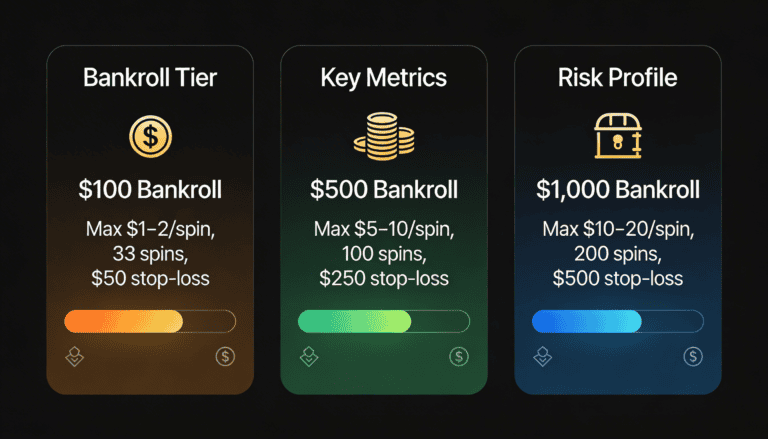 Bankroll management tiers for Plinko showing maximum bet size, play duration, and stop-loss limits by bankroll level