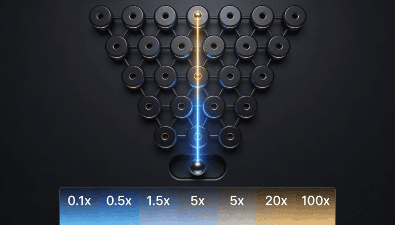 Plinko board mechanics diagram showing peg layout, ball drop path, and multiplier zones from 0.1x to 100x