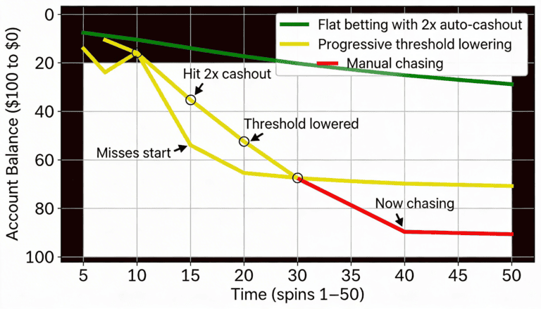 Session balance graph showing how lowering auto-cashout thresholds accelerates losses versus flat betting discipline