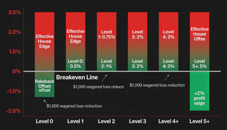 VIP rakeback tiers chart showing how loyalty levels reduce effective house edge from 3% to breakeven at Level 4
