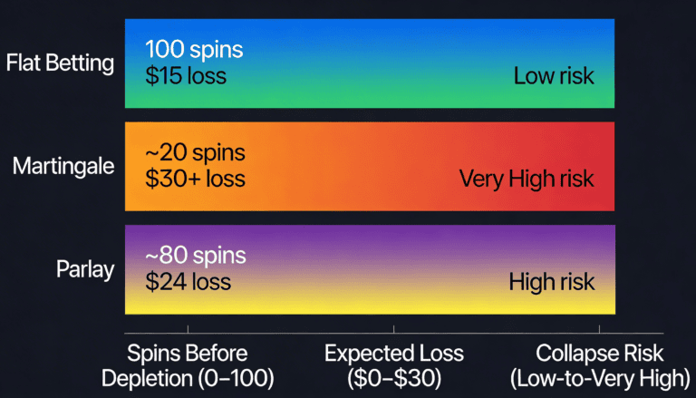 Betting strategy comparison chart showing flat betting lasts longest with lowest risk versus Martingale and Parlay approaches