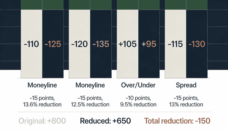 Odds reduction breakdown across four parlay legs showing proportional 10-15 point cuts per leg totaling 150 points